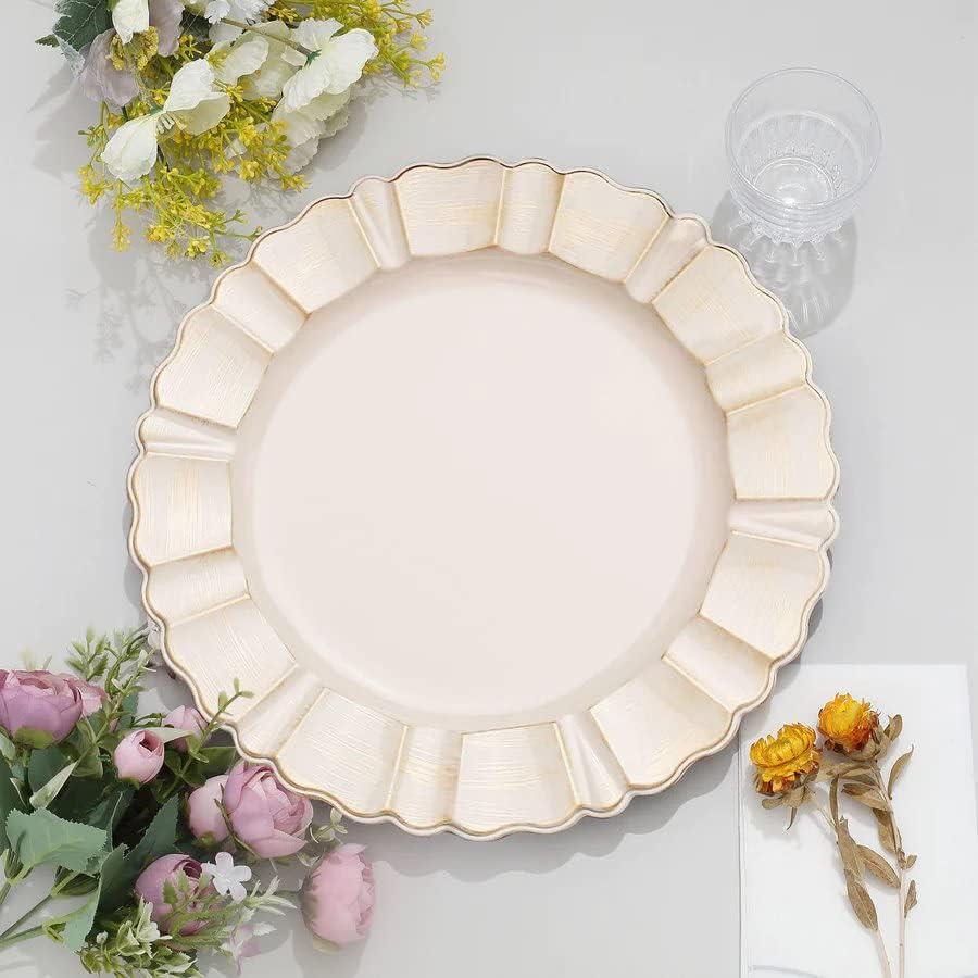 BalsaCircle 6 Dusty Blue Gold 13" Acrylic Wooden Textured Round Scalloped Trim Plastic Charger Plates
