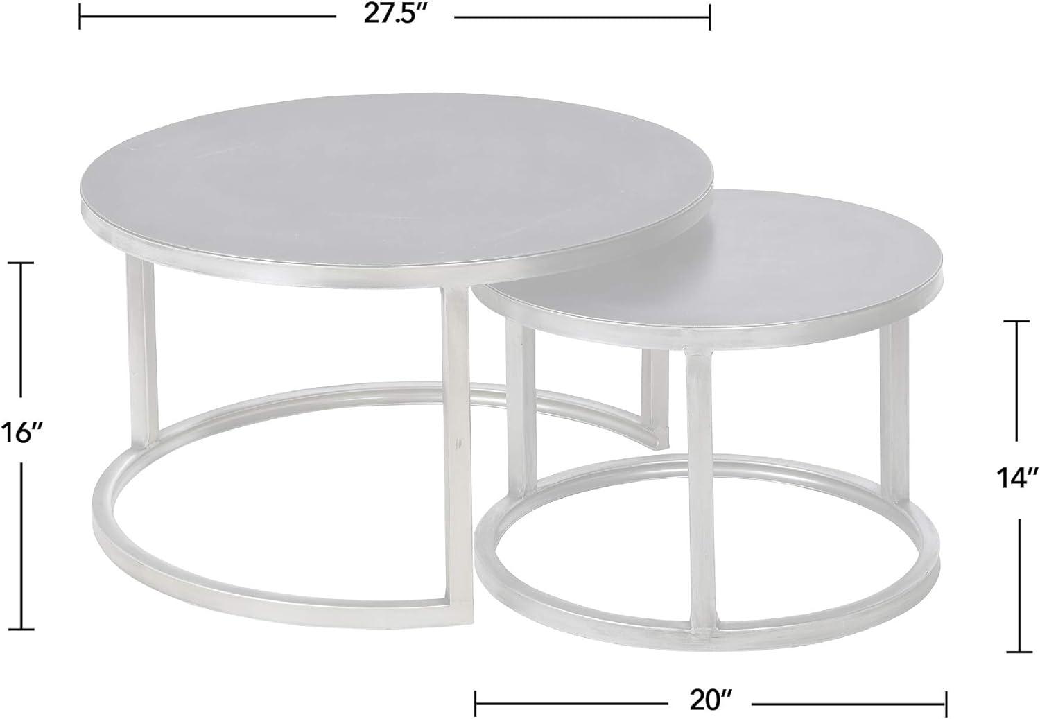 Aged Silver Round Metal Nesting Coffee Table 2-Piece Set