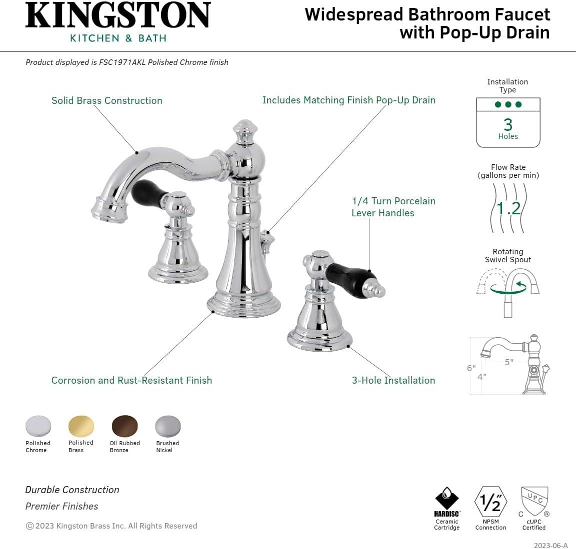 Kingston Brass Duchess Two-Handle 3-Hole Deck Mount Widespread Bathroom Faucet with Pop-Up Drain