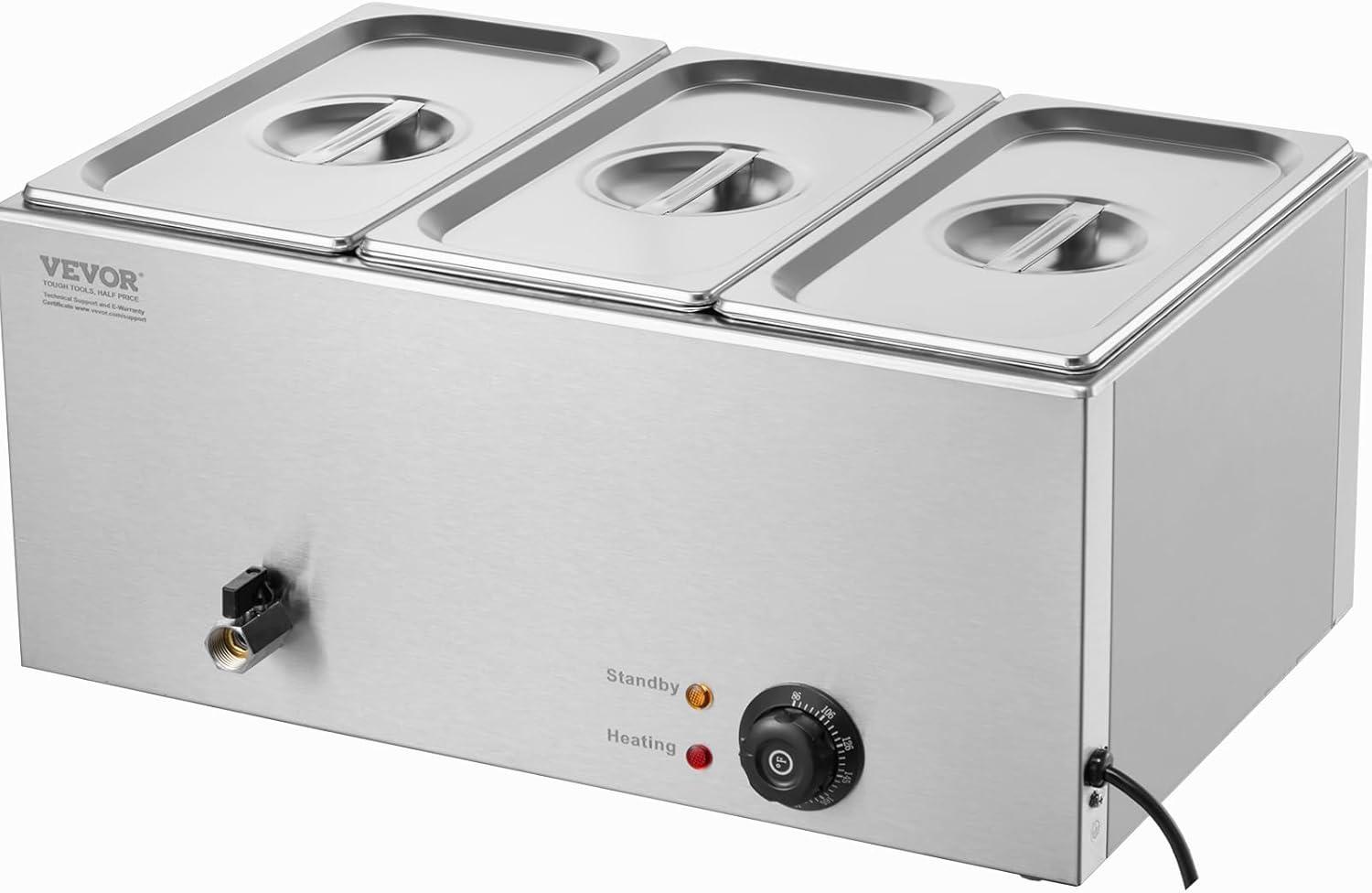 3-Pan Commercial Food Warmer, 17.4QT. Electric Steam Table, 1200W Professional Countertop Stainless Steel Buffet