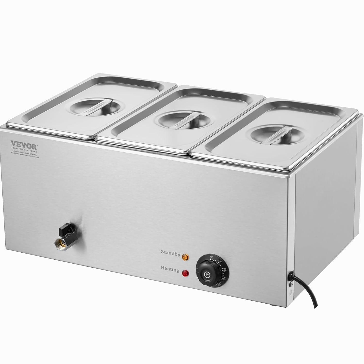 3-Pan Commercial Food Warmer, 17.4QT. Electric Steam Table, 1200W Professional Countertop Stainless Steel Buffet