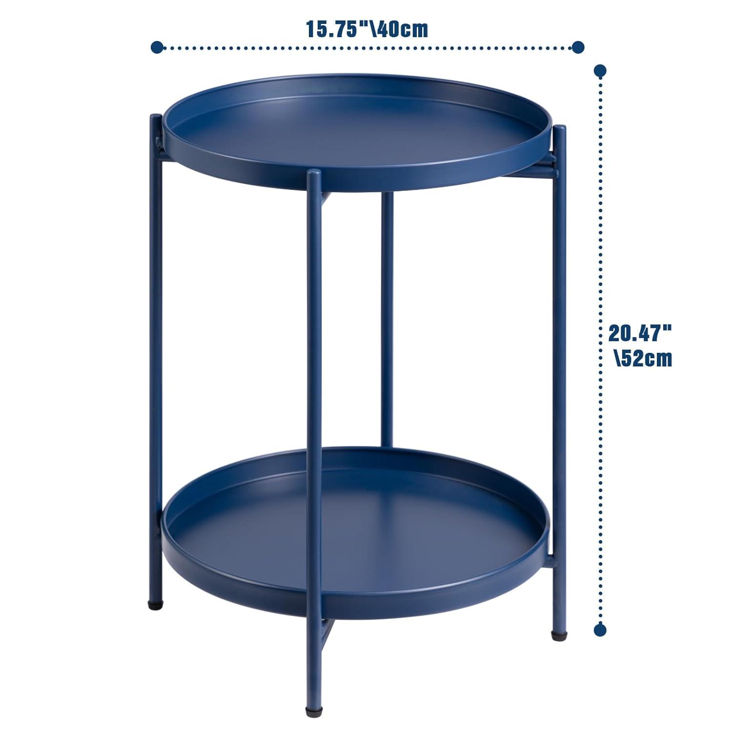 HollyHOME 2-Tier Round Side Table, Outdoor Small Folding Accent Stand with Removable Tray, Anti-Rust Metal Asional Table for Balcony Patio Living Room, Nightstand for Bedroom(Navy Blue)