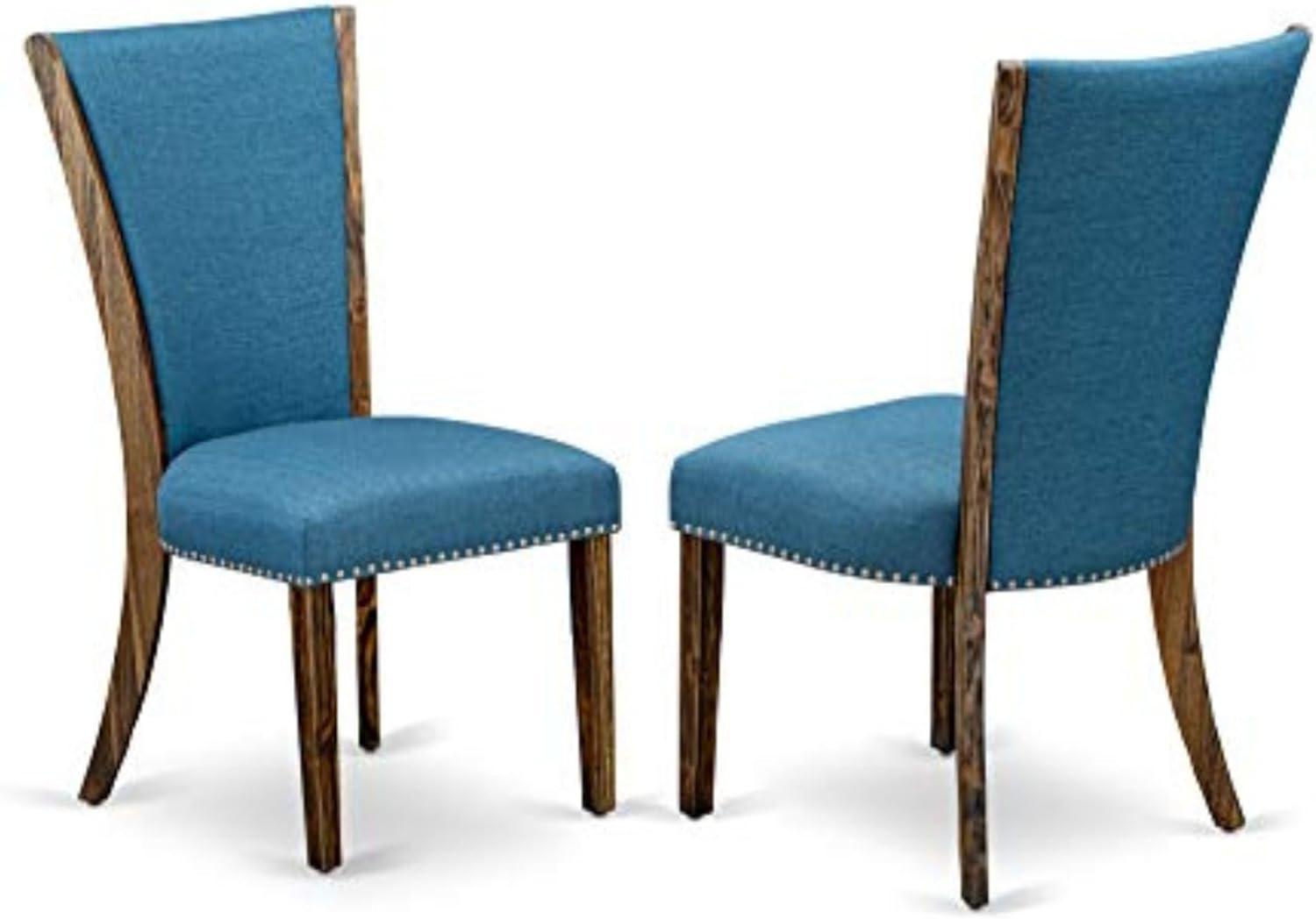 Verona Distressed Jacobean Wood Frame Dining Chair with Blue Linen Fabric Seat with Nail Head & Stylish Back - Set of 2