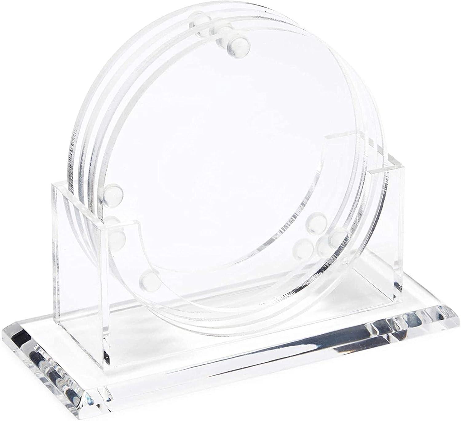 Juvale Set of 4 Clear Blank Acrylic Drink Coasters with Stand Holder, Round 4 inch