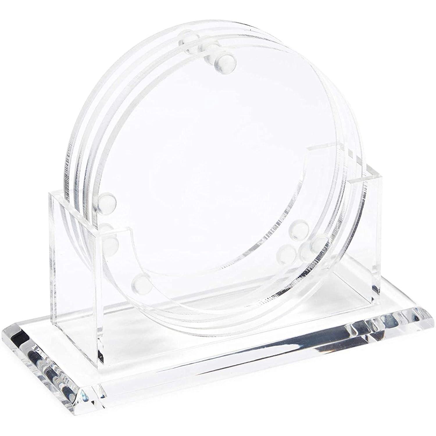 Juvale Set of 4 Clear Blank Acrylic Drink Coasters with Stand Holder, Round 4 inch