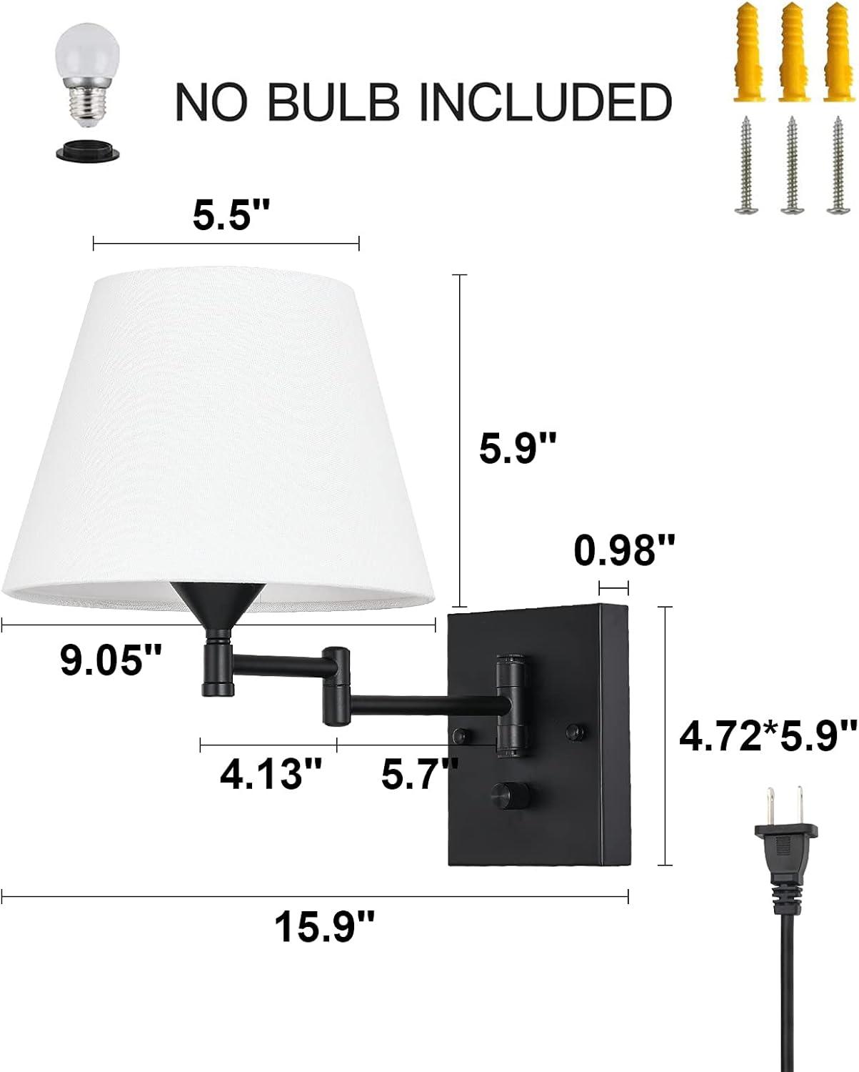 Black Metal Swing Arm Wall Sconce with White Fabric Shade