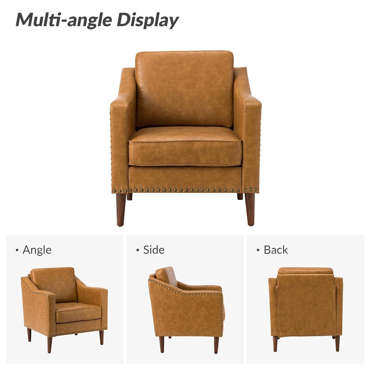 HULALA HOME Faux Leather Accent Armchairs Set of 2 with Back & Seat Cushions, Traditional Club Chairs with Nailhead Trim, Comfy Upholstered Sofa Chairs for Living Room Bedroom, Beige