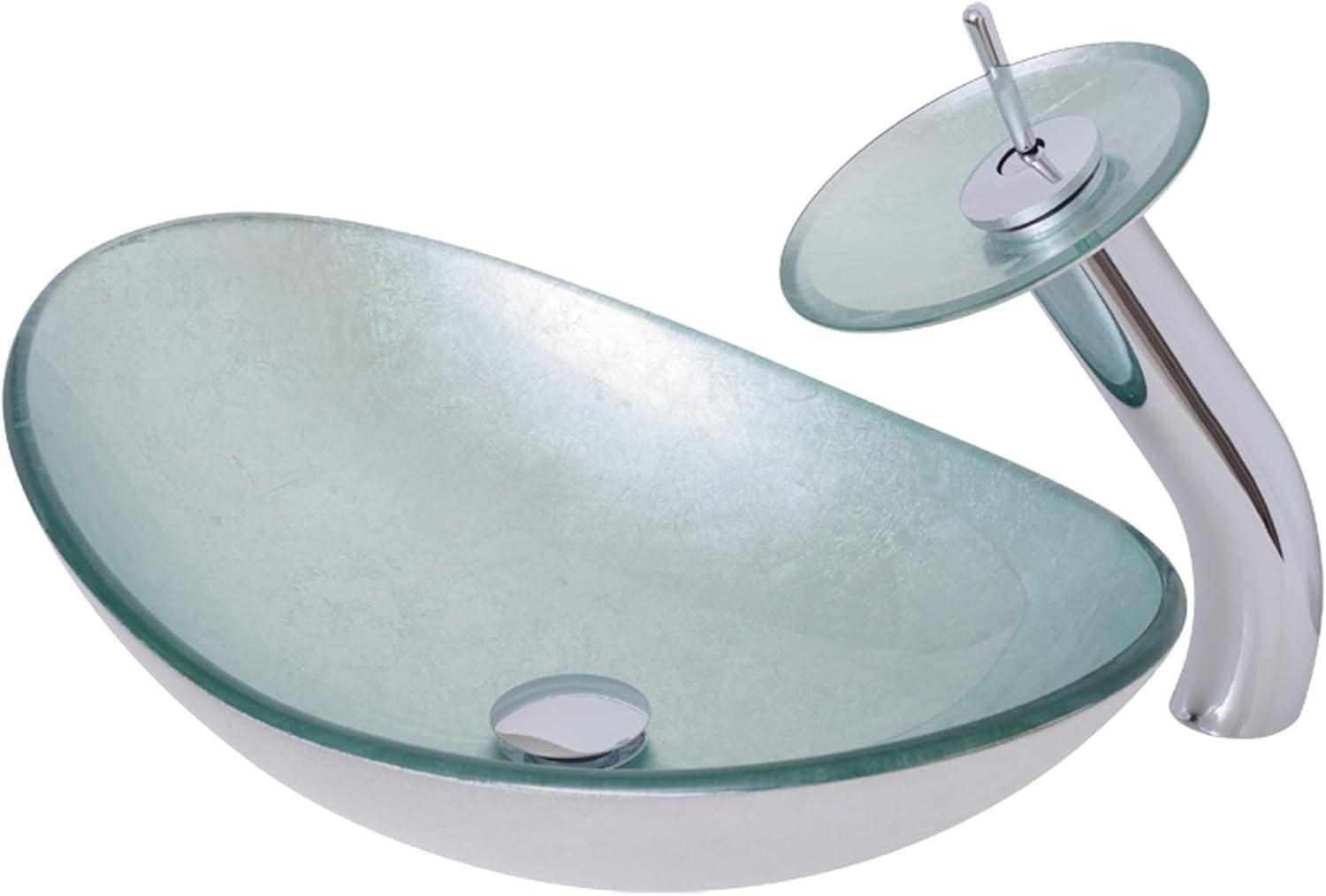 Starks Oval Silver Glass Vessel Sink with Brushed Nickel Faucet