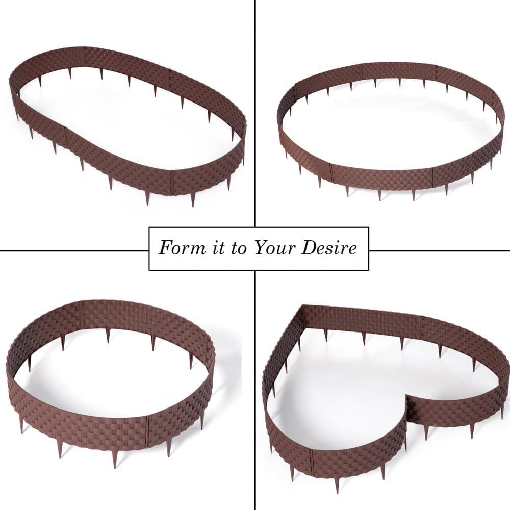 Gardenised Set of 8 Pcs Rattan-Inspired Plastic Landscape Edging and Garden Fence Borders in a Rich Coffee Hue for Lawn, Outdoor Patio, Garden