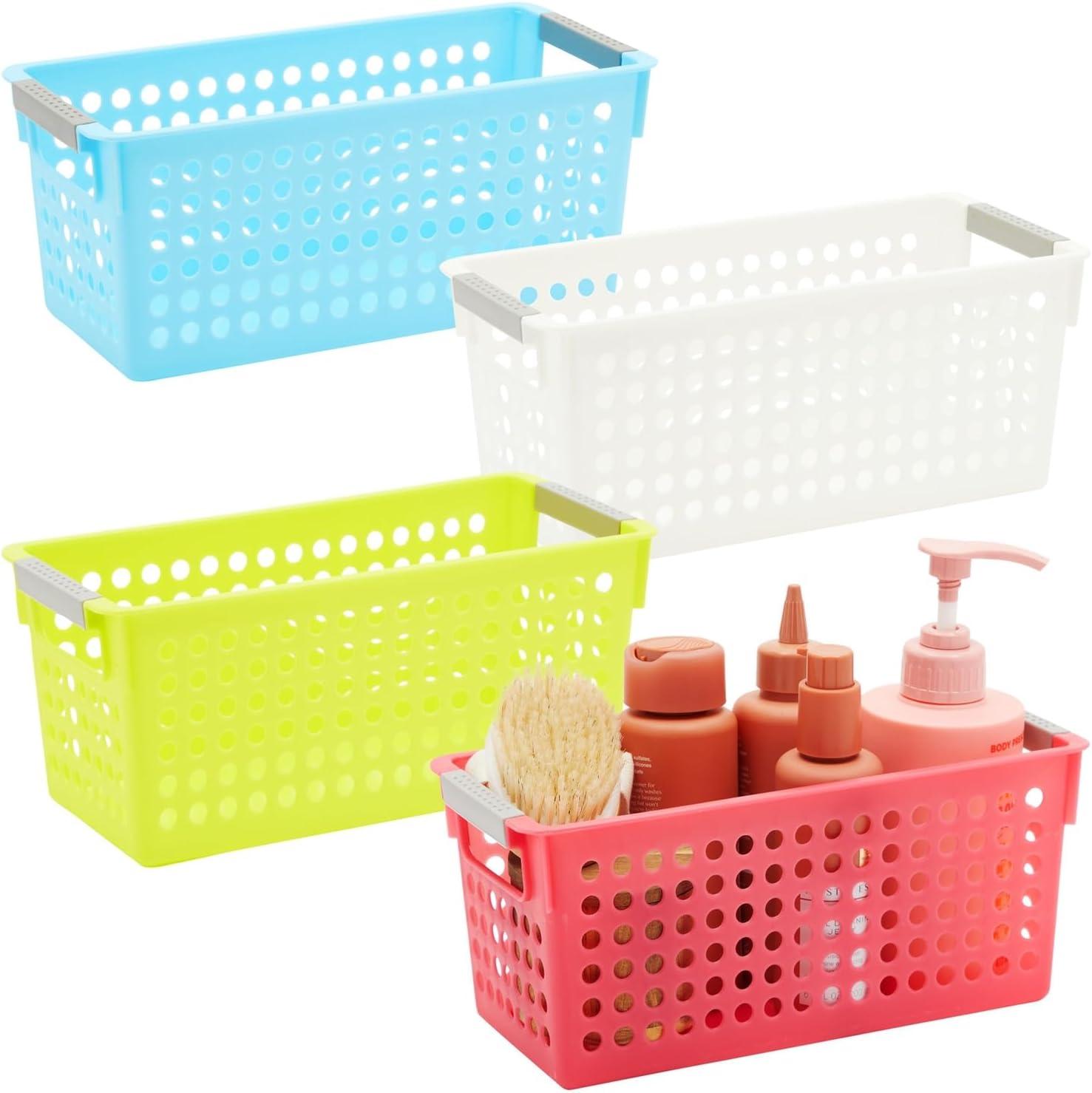 Farmlyn Creek 4 Pack Plastic Storage Baskets Bins with Handles for Shelves, Closet Organizer, 4 Colors