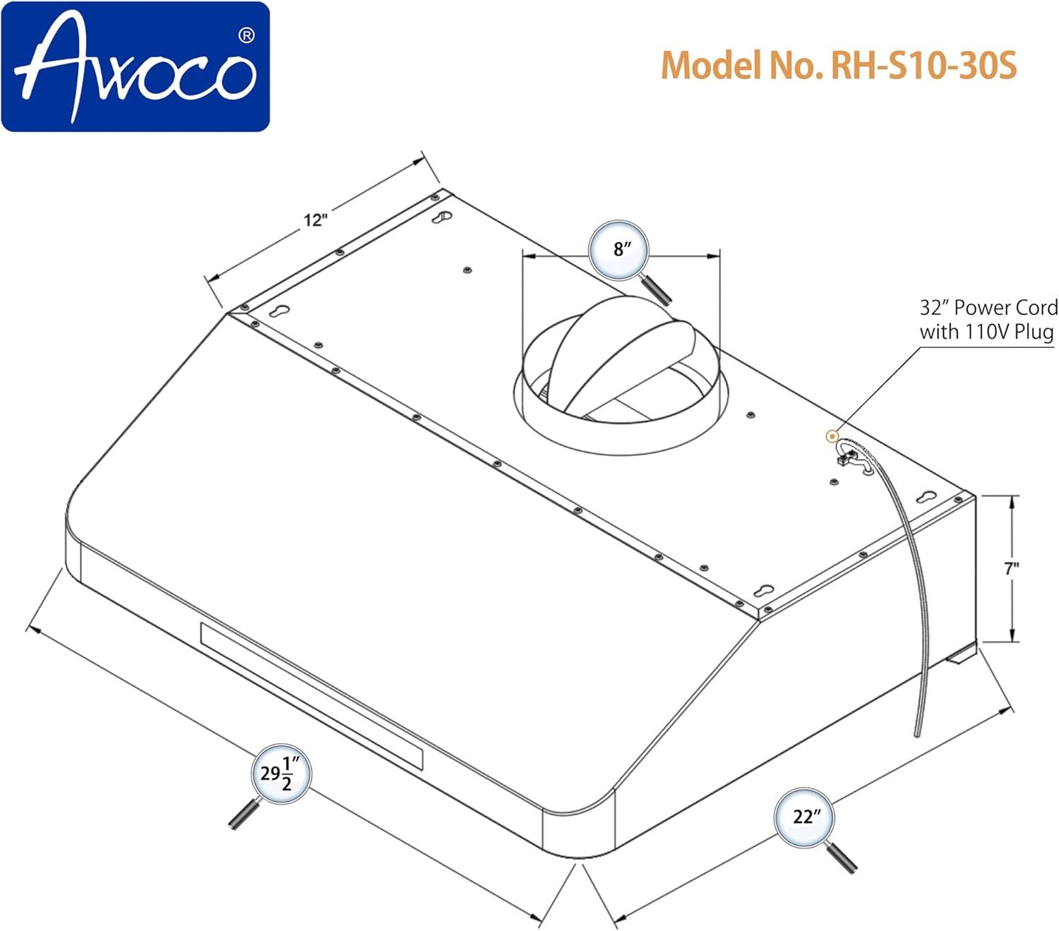 Awoco 30" Stainless Steel Convertible Under Cabinet Range Hood