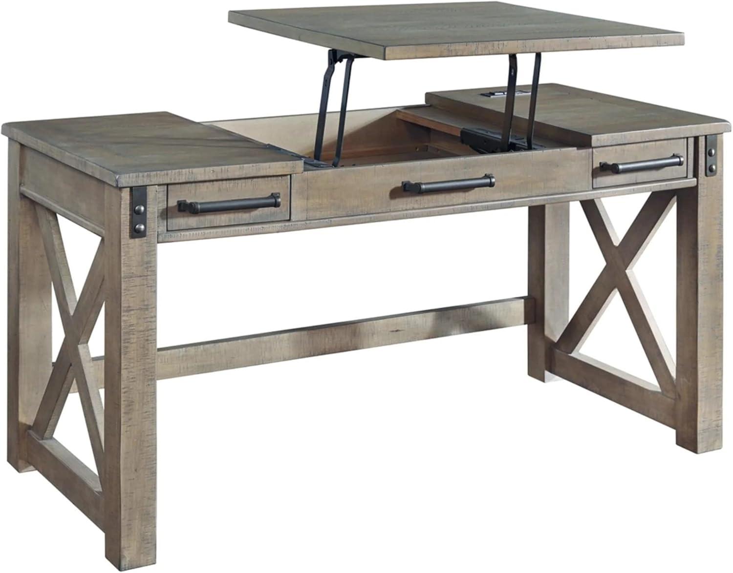 Rustic Farmhouse Gray Pine Corner Desk with Power Outlets and USB Ports