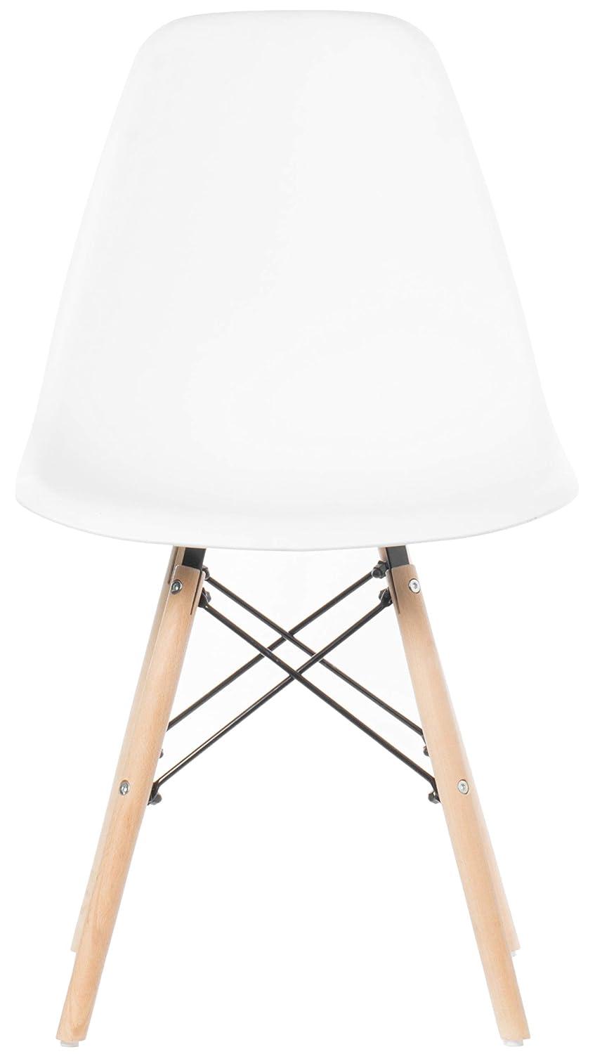 Fabulaxe Mid-Century Modern Style Plastic DSW Shell Dining Chair with Solid Beech Wooden Dowel Eiffel Legs, White