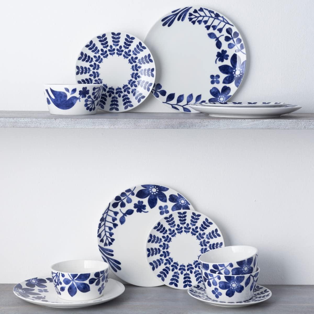 Blue and White Floral Porcelain 12-Piece Dinnerware Set