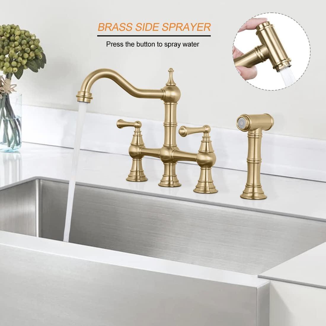 WOWOW Vantge Kitchen Faucet Brass with Side Sprayer, 4 Hole Kitchen Faucet 2 Handle  Centerset Faucet