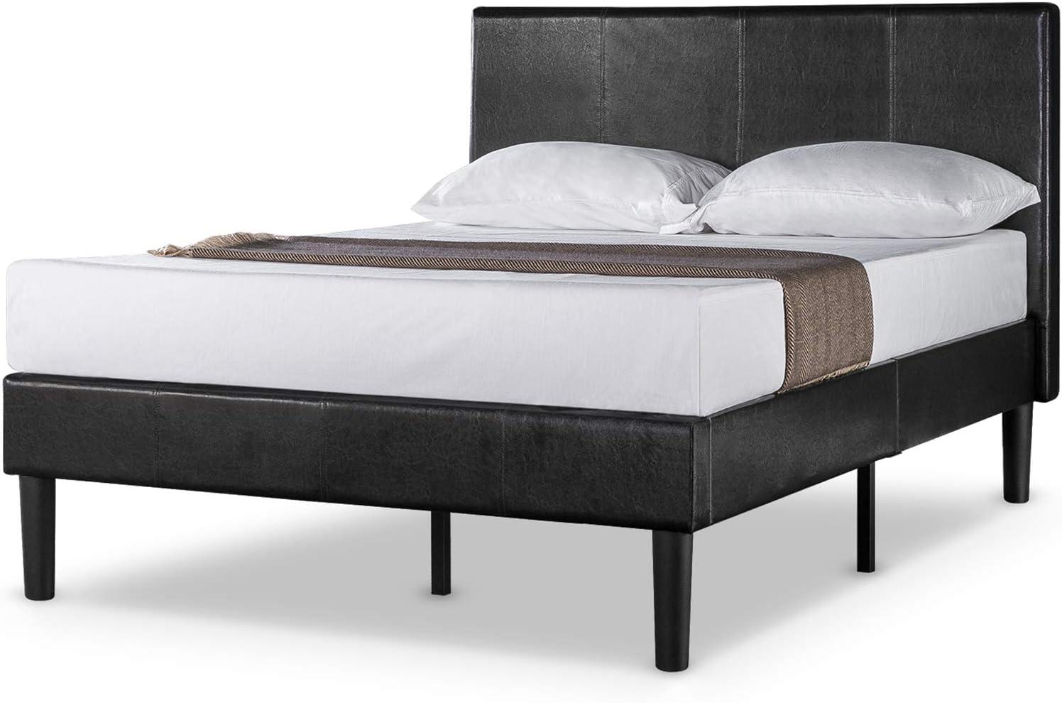 Espresso Faux Leather Twin Platform Bed with Upholstered Headboard