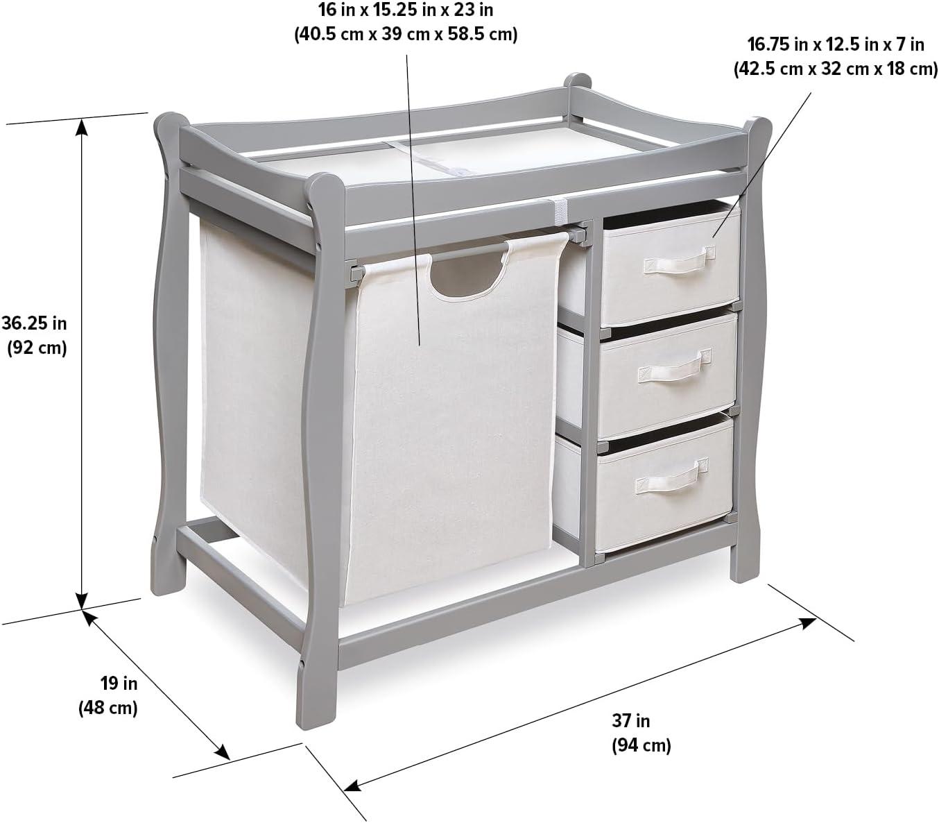 Gray and White Sleigh Style Baby Changing Table with Hamper and Baskets