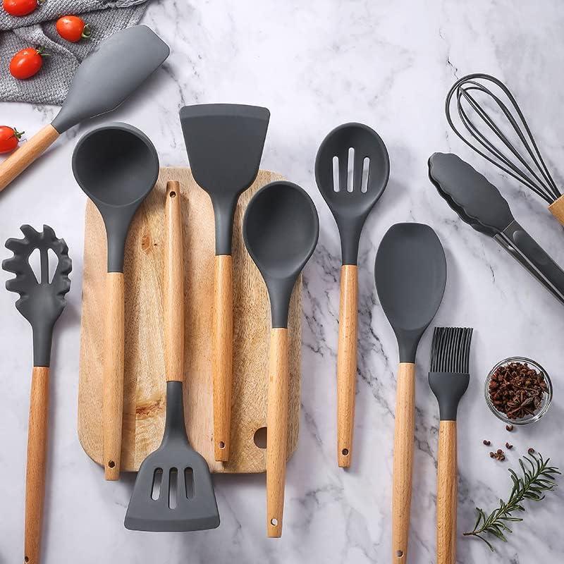 VIVAYO Silicone Cooking Utensil Kitchen Utensils Set, 12 Pieces Silicone Kitchen Utensil Wooden Handles, Kitchen Spatula Sets with Holder Spoon Turner Tongs, Gray