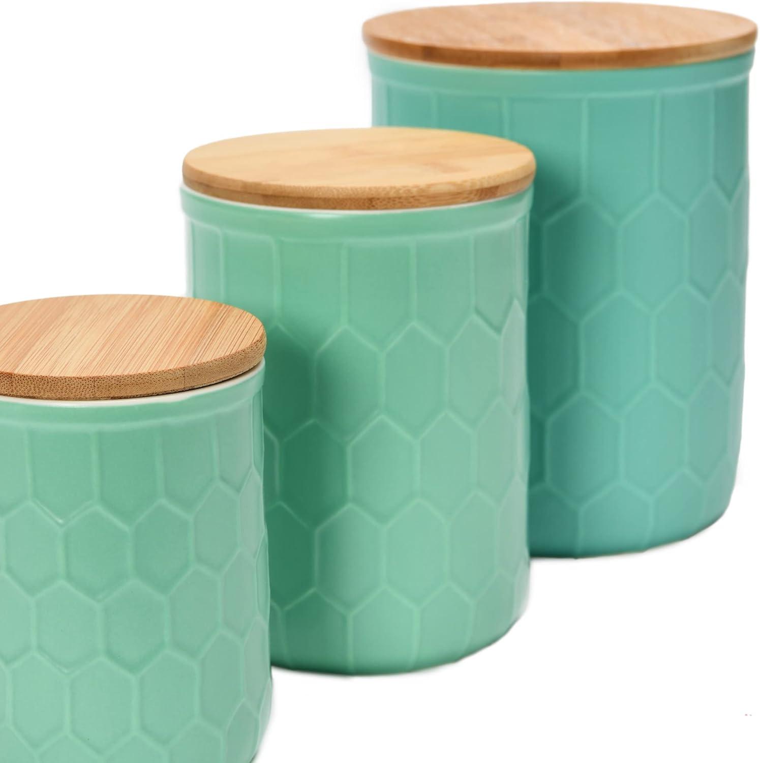 Set of 3 Mint Green Ceramic Honeycomb Canisters with Bamboo Lids