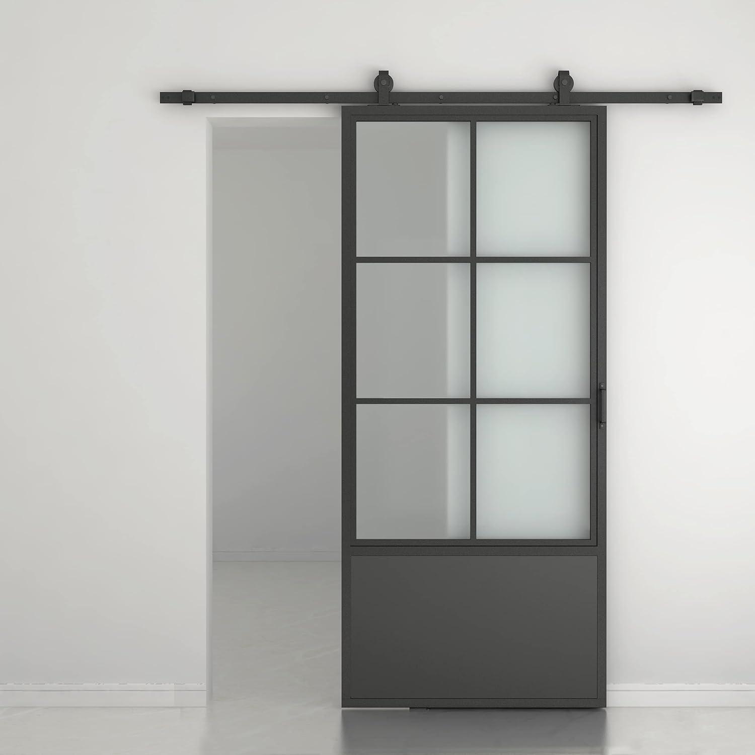 30 in. x 84 in. Frosted Glass Black Steel Frame Barn Door with Sliding Hardware