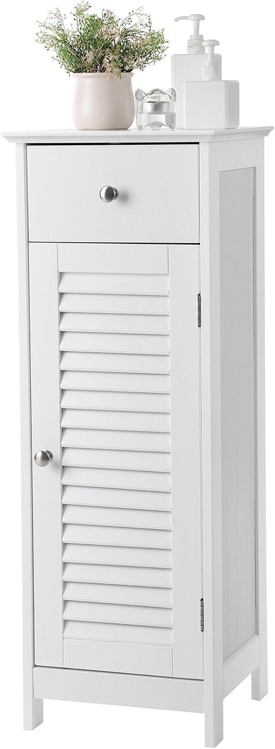 VASAGLE Bathroom Storage Cabinet, Small Slim Bathroom Floor Cabinet with Drawer and Shutter Door, for Living Room, Bedroom, 11.8 x 12.6 x 34.3 Inches, White UBBC43WT