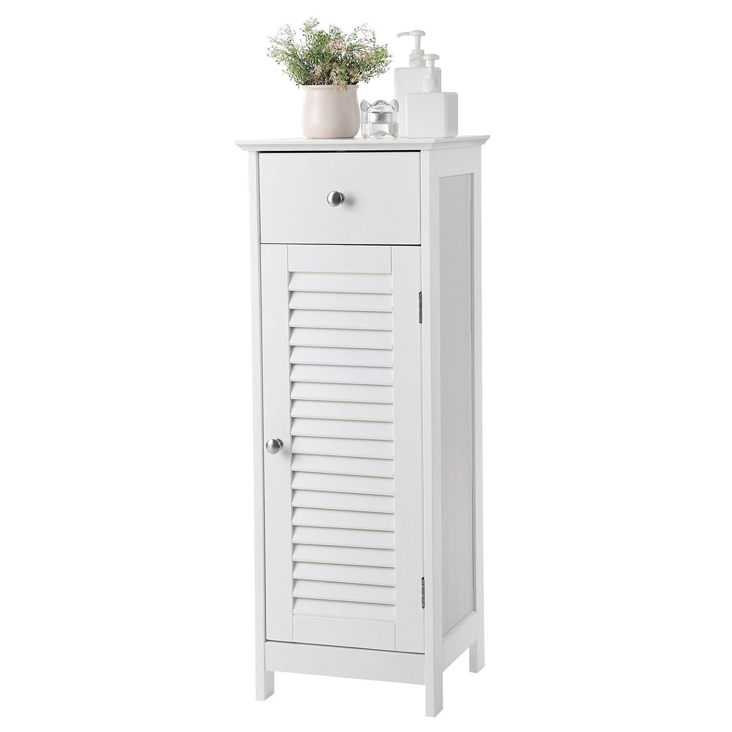 VASAGLE Bathroom Storage Cabinet, Small Slim Bathroom Floor Cabinet with Drawer and Shutter Door, for Living Room, Bedroom, 11.8 x 12.6 x 34.3 Inches, White UBBC43WT