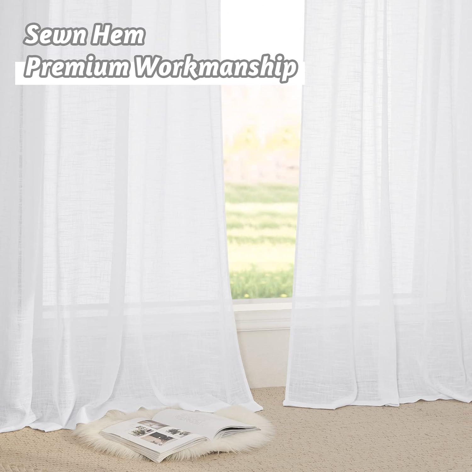 RYB HOME Semi Sheer Linen Curtain - Half Transparent Privacy Sunlight Glare Filtering Boho Drapes for Living Room Bedroom Window, Width 52 x Length 63 inch, White, 2 Panels