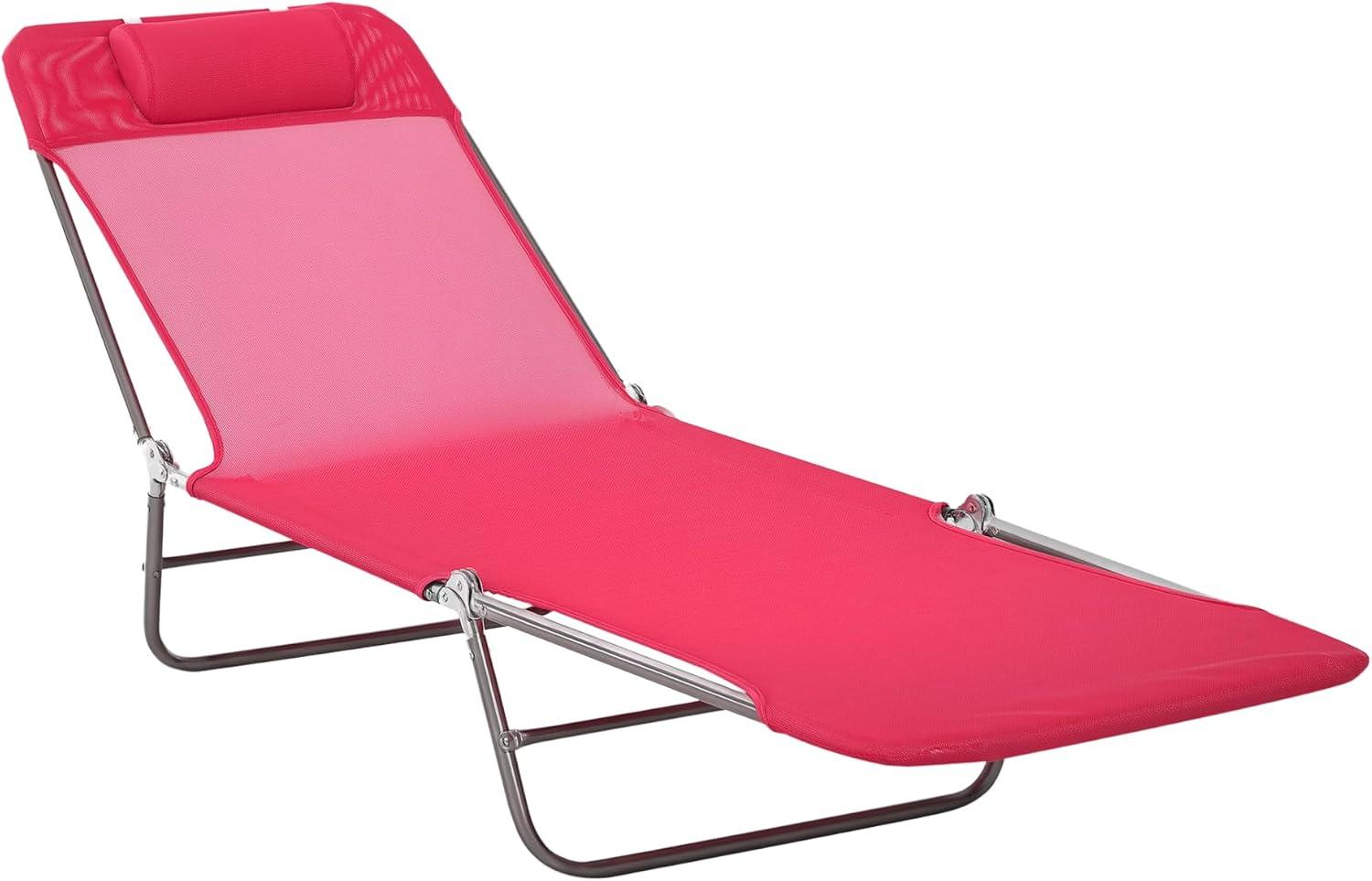 Outsunny Foldable Outdoor Chaise Lounge Chair, 5-Level Reclining Camping Tanning Chair with Breathable Mesh Fabric and Headrest, Pink