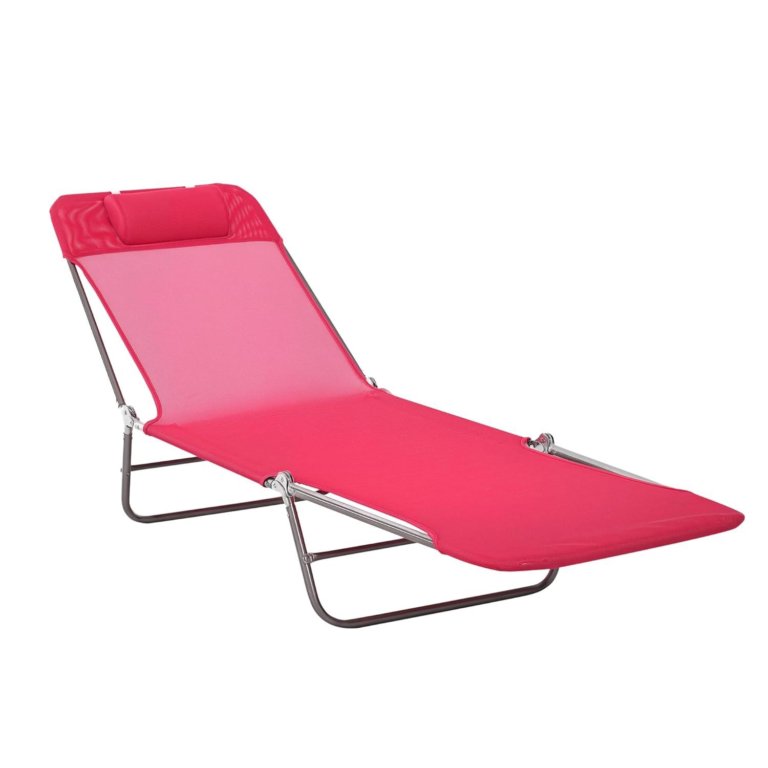 Outsunny Foldable Outdoor Chaise Lounge Chair, 5-Level Reclining Camping Tanning Chair with Breathable Mesh Fabric and Headrest, Pink