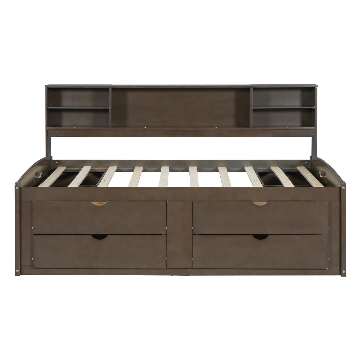Harper & Bright Designs Full Size Storage Daybed with 4 Drawers, Bookcase and 2 Bedside Cabinets, Solid Wood Full Captain’s Bed Frame for Kids Teens Adults, No Box Spring Needed (Antique Brown)