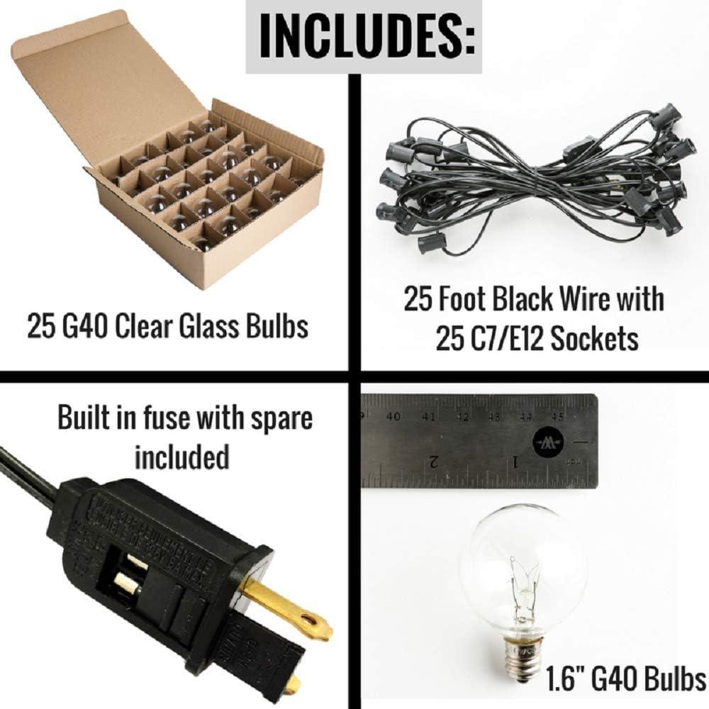 25 Foot Globe String Lights - G40 Clear Bulbs - Black Wire - Outdoor String Lights for Patio Yard Deck Cafe Bistro and Wedding Lighting