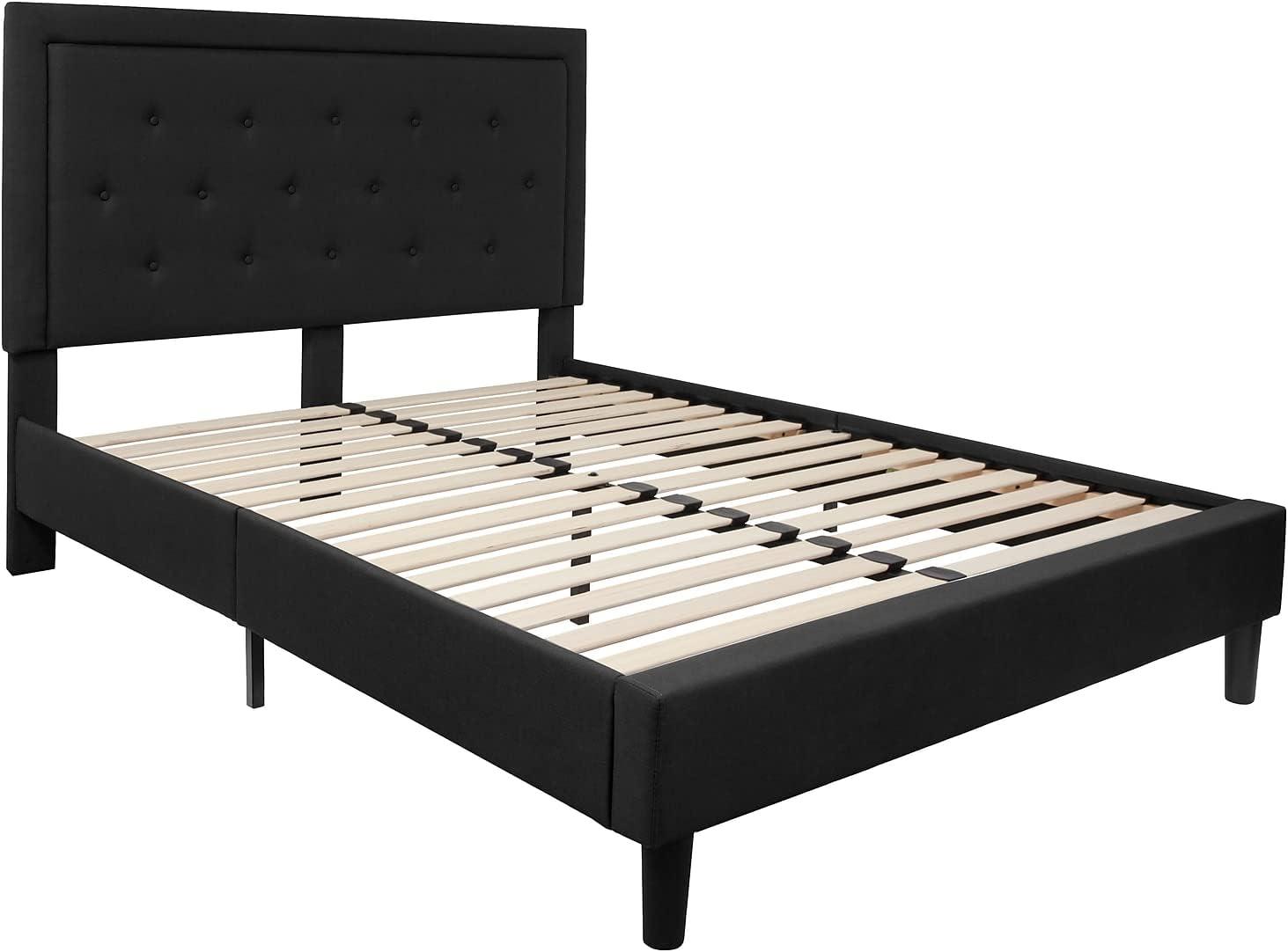 Queen Black Tufted Upholstered Platform Bed with Headboard