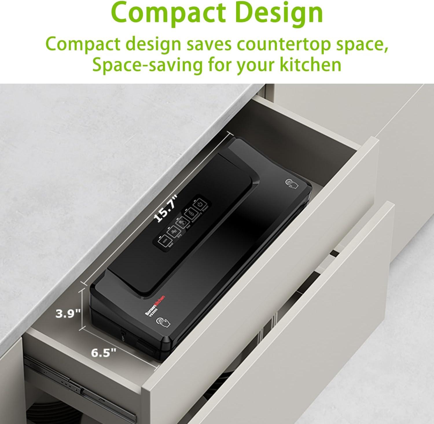 Bonsenkitchen Multi-Functional Food Vacuum Sealer with Globefish Technology for High-Speed Continuous Working, Vacuum Bags & Accessory Hose, Black