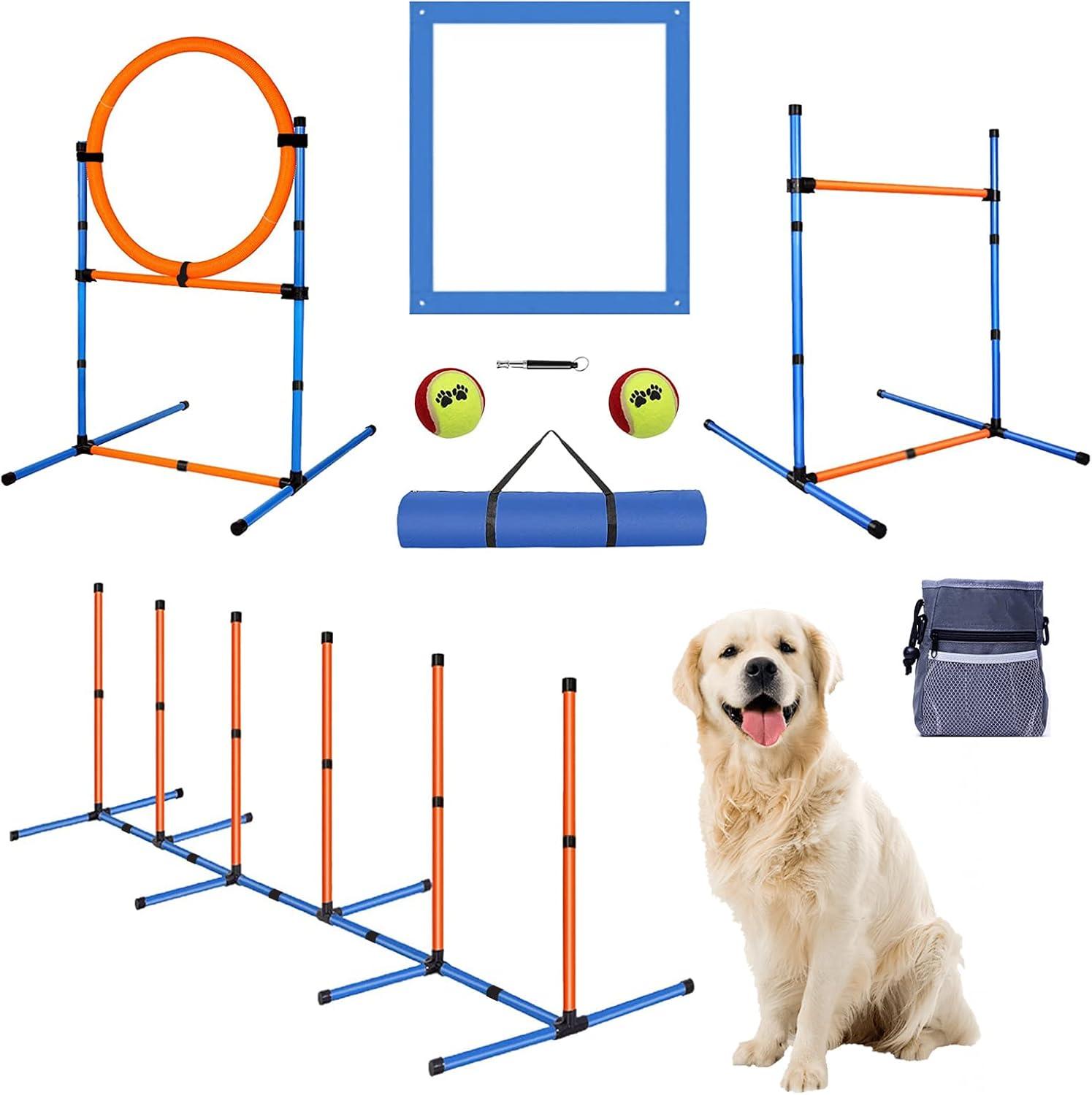 Aukfa Dog Agility Equipment Set, Includes Agility Hurdle, Jumping Ring, Agility Weave Poles and Carrying Bag for Backyard, Indoor, Outdoor
