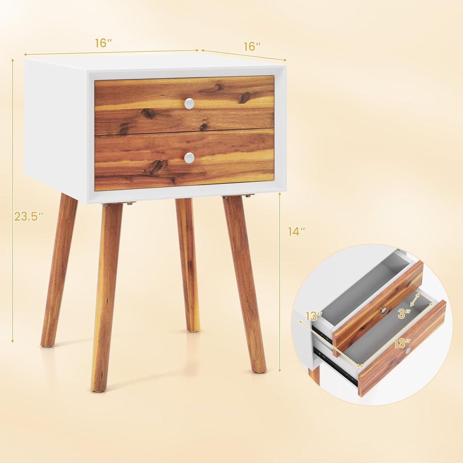 Giantex Mid Century Modern Nightstand, Wooden Bedside Tables w/ 2 Storage Drawers & Solid Wood Legs, Practical End Side Table for Living Room Bedroom, White & Walnut