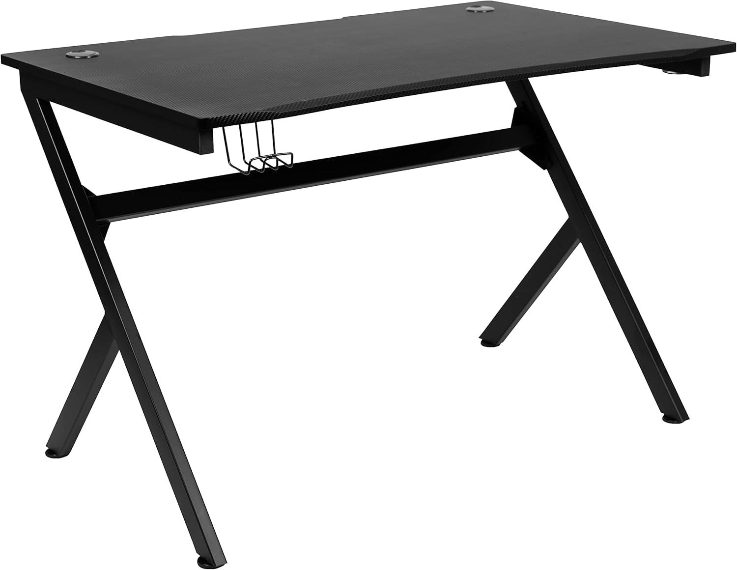 Flash Furniture Black Gaming Desk and Black Footrest Reclining Gaming Chair Set with Cup Holder, Headphone Hook & 2 Wire Management Holes