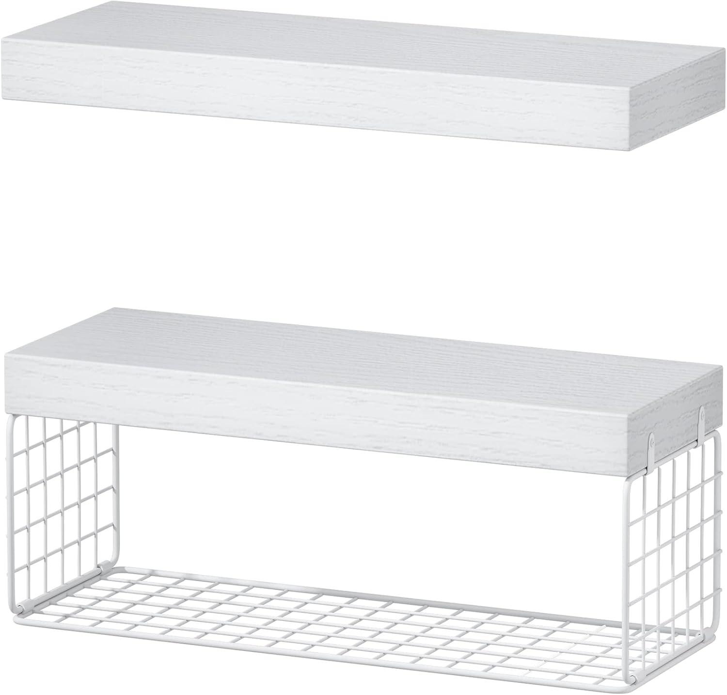 White MDF Floating Wall Shelves with Steel Brackets, Set of 2