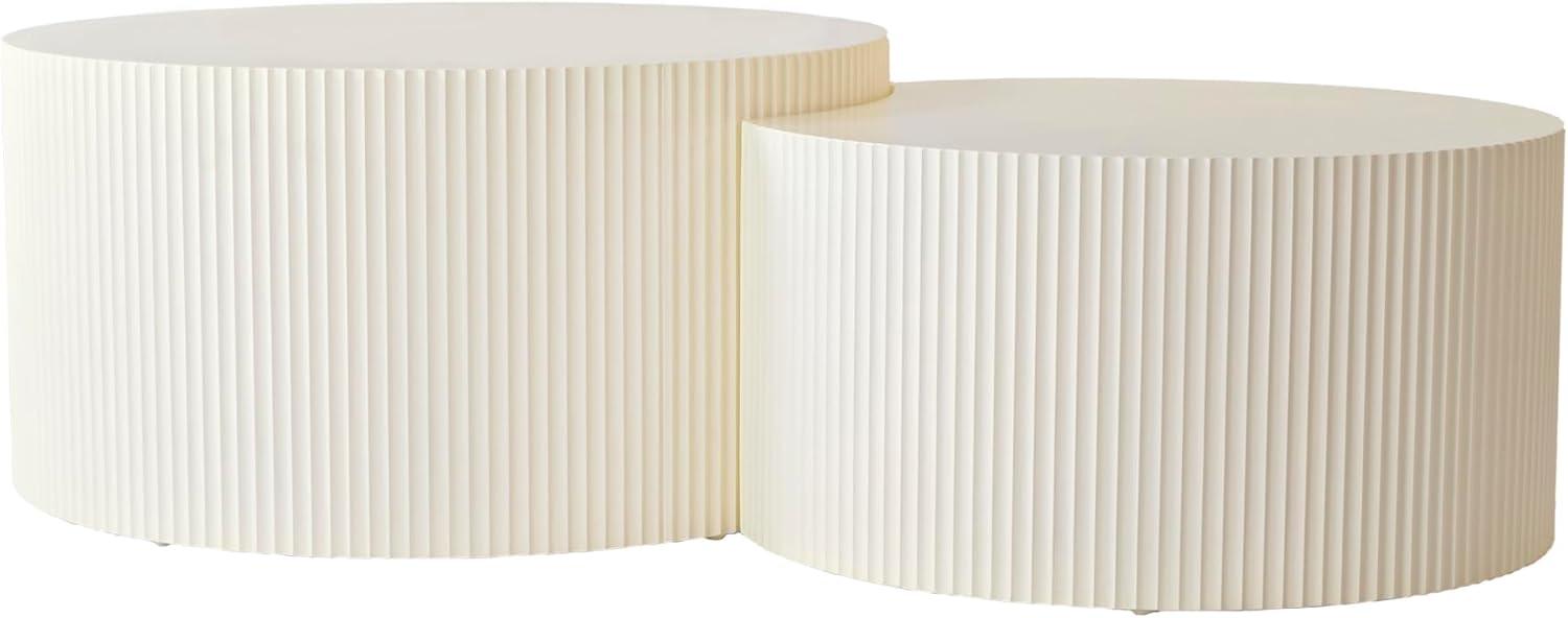 Nesting Coffee Table Set of 2, Vertical Stripe Design Drum Coffee Table, End Table, Round Side Table for Living Room, Bedroom, Beige