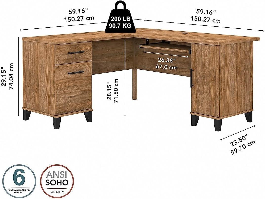 Bush Furniture Somerset 60 in L Desk with Keyboard Tray, File Drawer, Box Drawer and Storage Cabinet in Fresh Walnut (Ships in 2 Boxes)