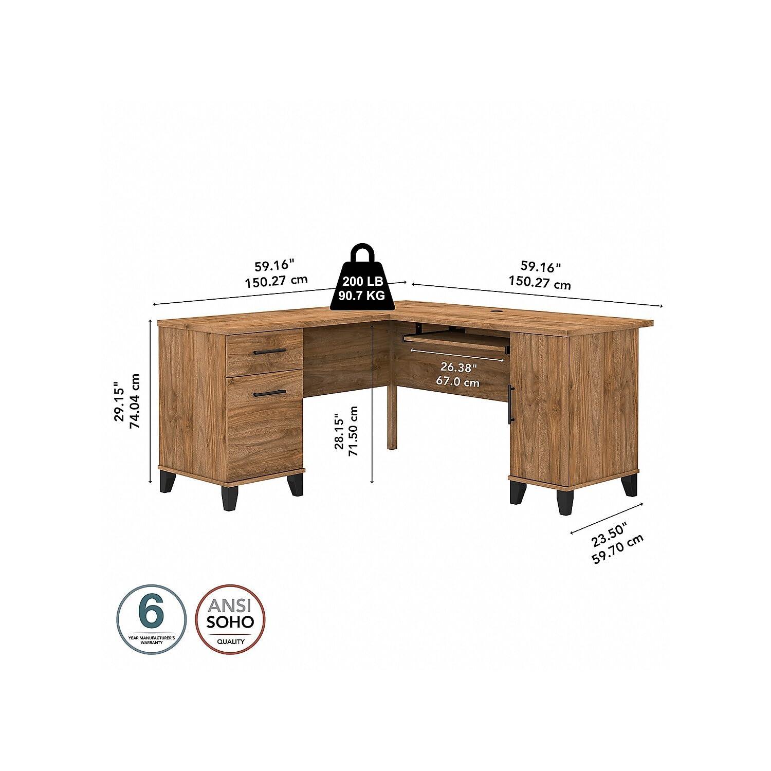 Bush Furniture Somerset 60 in L Desk with Keyboard Tray, File Drawer, Box Drawer and Storage Cabinet in Fresh Walnut (Ships in 2 Boxes)
