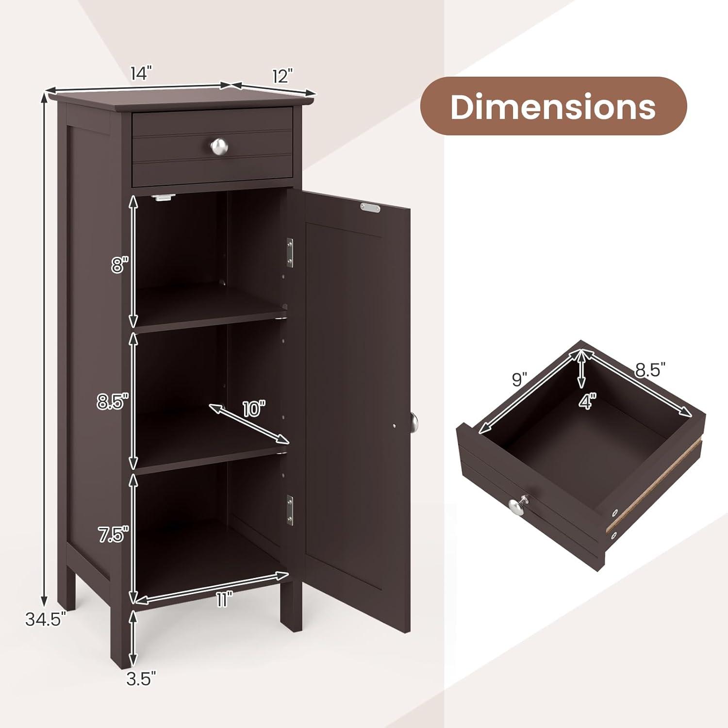 Bathroom Floor Cabinet, Standing Cabinet with Drawer and Doors, Storage Cabinet with 2 Adjustable Shelves, Brown