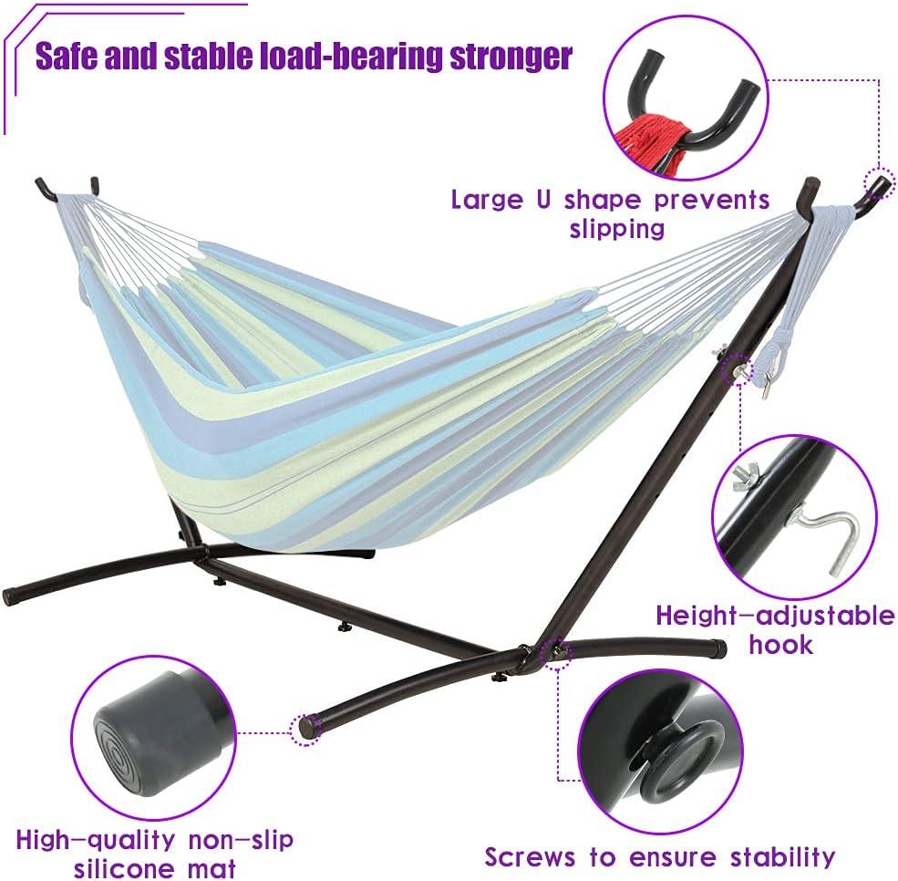 SUNDAN Two Person Hammock Adjustable Hammock Bed with Space Saving Steel Stand Portable Carrying Case Easy Set Up Indoor Hammock Standing Hammock for Outside Hammock Stand Portable