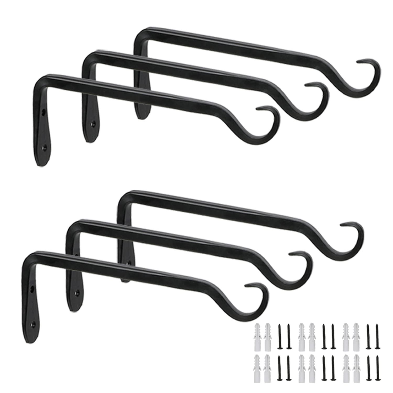 6-Pack 7" Plant Hanger Bracket - Forged Wrought Iron Powder-Coated Heavy Duty Wall Hook - Black Plant Hanging Hooks - Durable and Stable for Bird Feeders, Planters Indoor & Outdoor