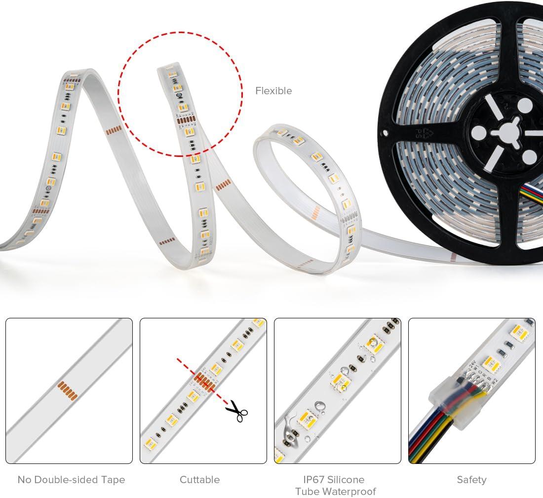 BTF-LIGHTING RGBCCT 5 Colors in 1 LED 5050SMD RGBWW RGB+Dimmable Tunable Color Temperature 2700K-6500K 16.4ft 60LEDs/m 300LEDs DC24V Multi-Colored Tape Lights IP30 White PCB(No Adapter or Controller)