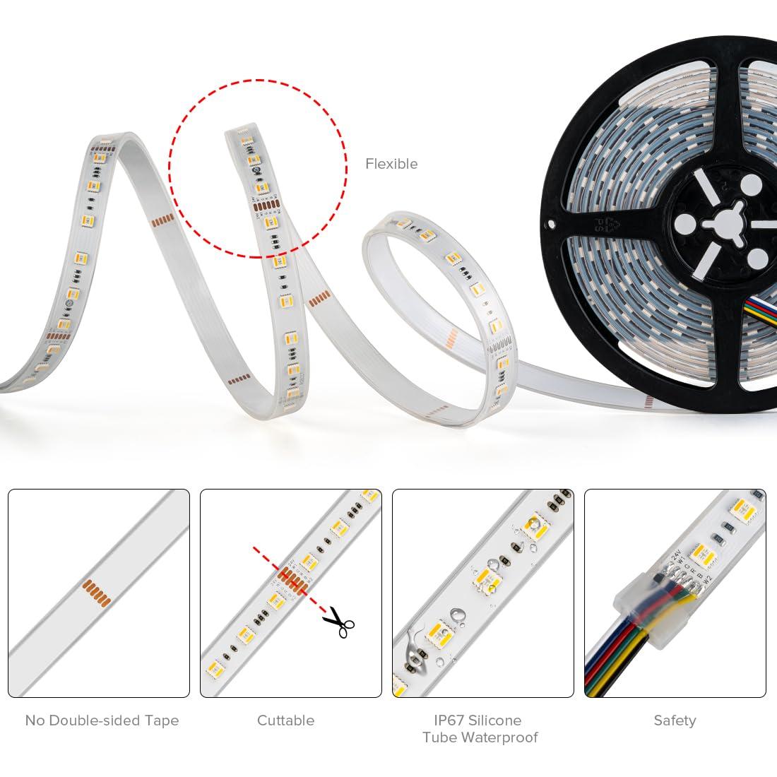 BTF-LIGHTING RGBCCT 5 Colors in 1 LED 5050SMD RGBWW RGB+Dimmable Tunable Color Temperature 2700K-6500K 16.4ft 60LEDs/m 300LEDs DC24V Multi-Colored Tape Lights IP30 White PCB(No Adapter or Controller)