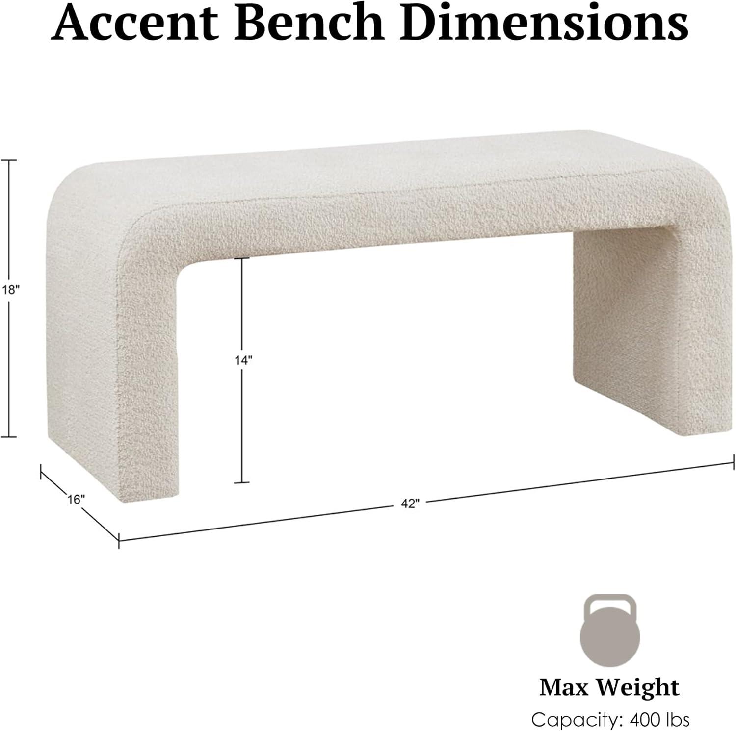 Cream Boucle Upholstered Waterfall Bench with Rounded Corners