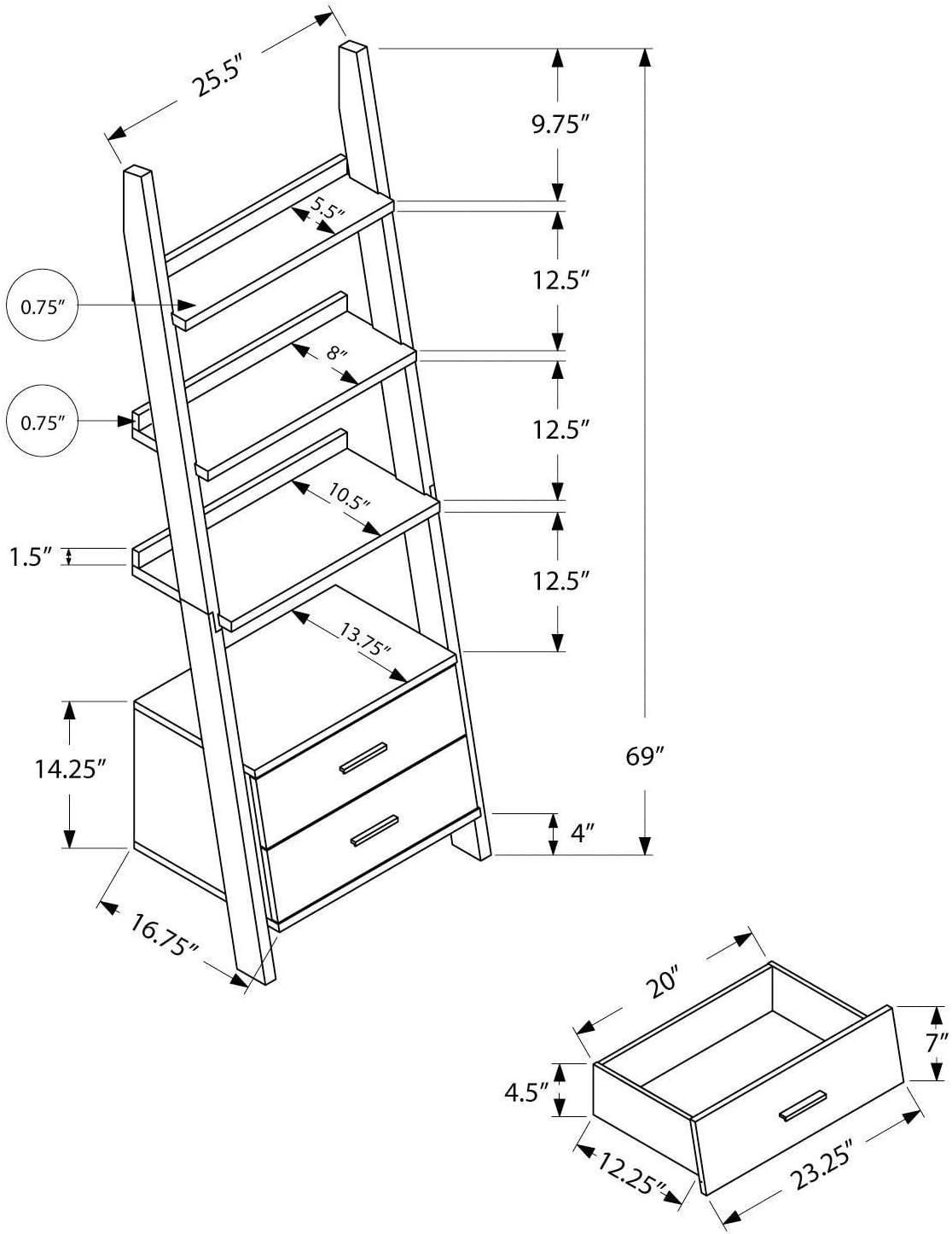 Monarch Specialties Bookshelf, Etagere, Ladder, 4 Tier, 69"H, Office, Bedroom, Brown Laminate