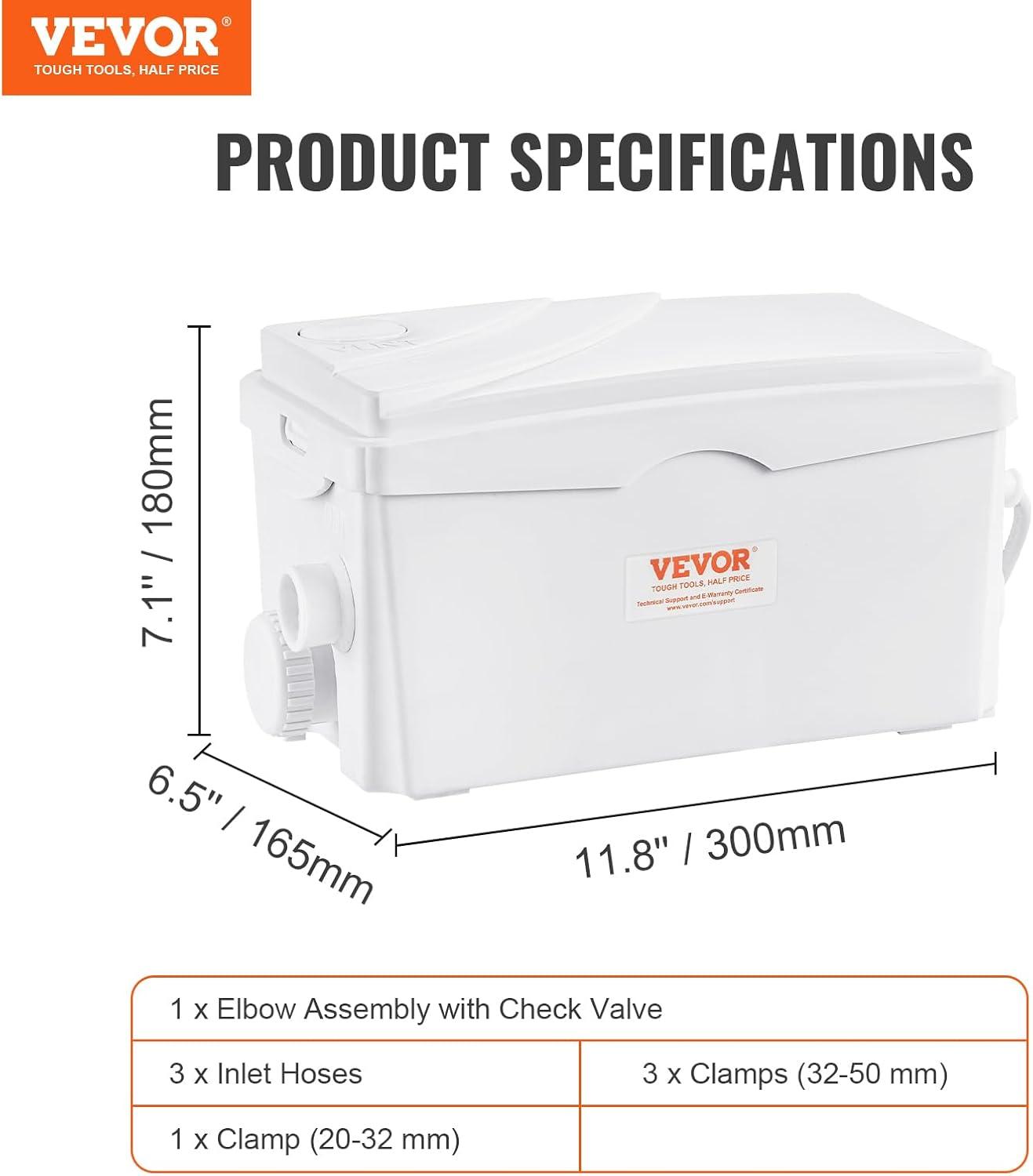 VEVOR 350W Macerator Pump, 6000 L/h Flow Upflush Sewerage Pump with 23 ft Head