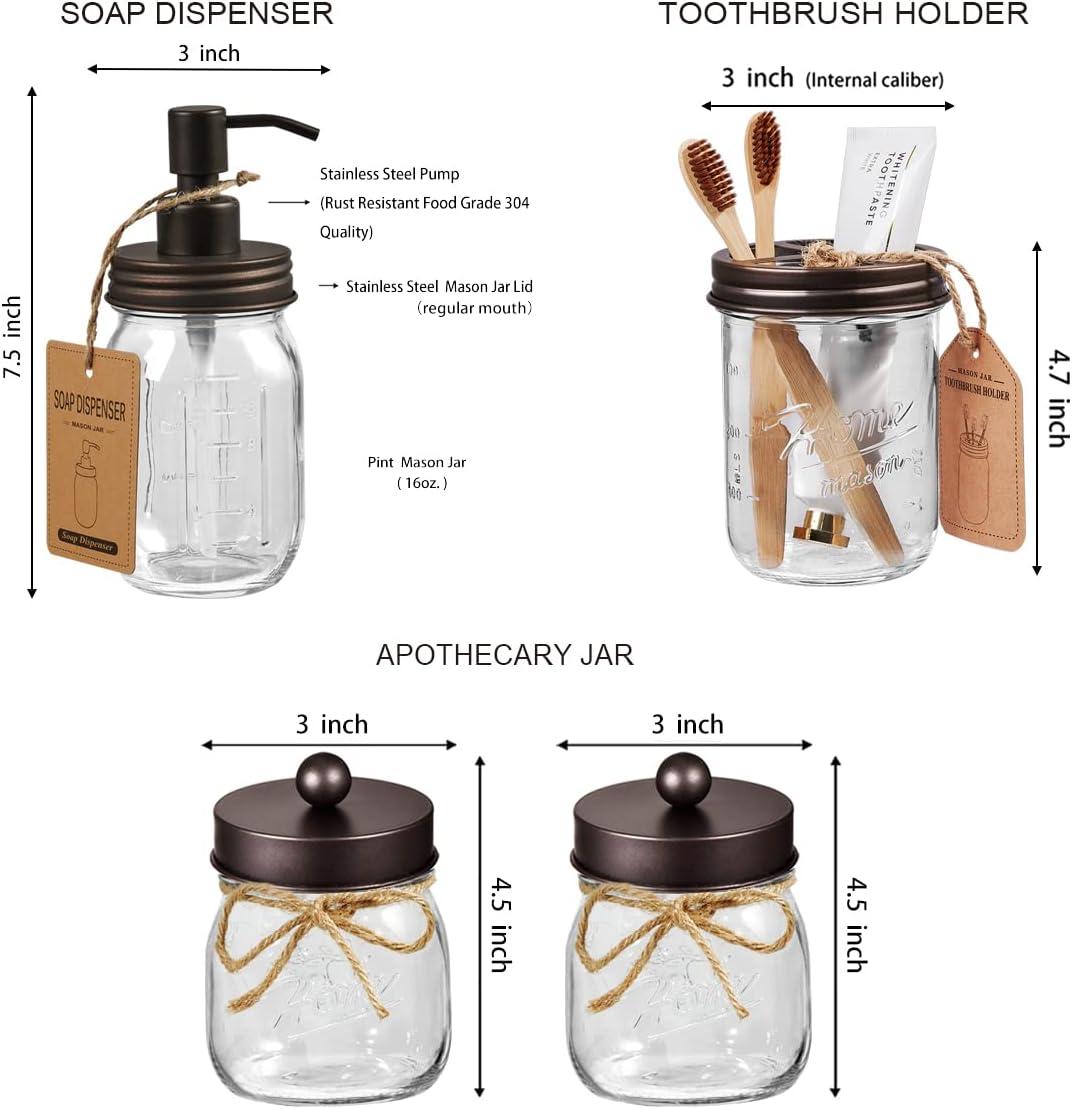Premium Mason Jar Bathroom Accessories Set (6PCS) - Lotion Soap Dispenser,Toothbrush Holder,2 Apothecary Jars(Qtip Holder), Soap Dish,Storage Organizer Basket - Rustic Farmhouse Decor (Bronze)