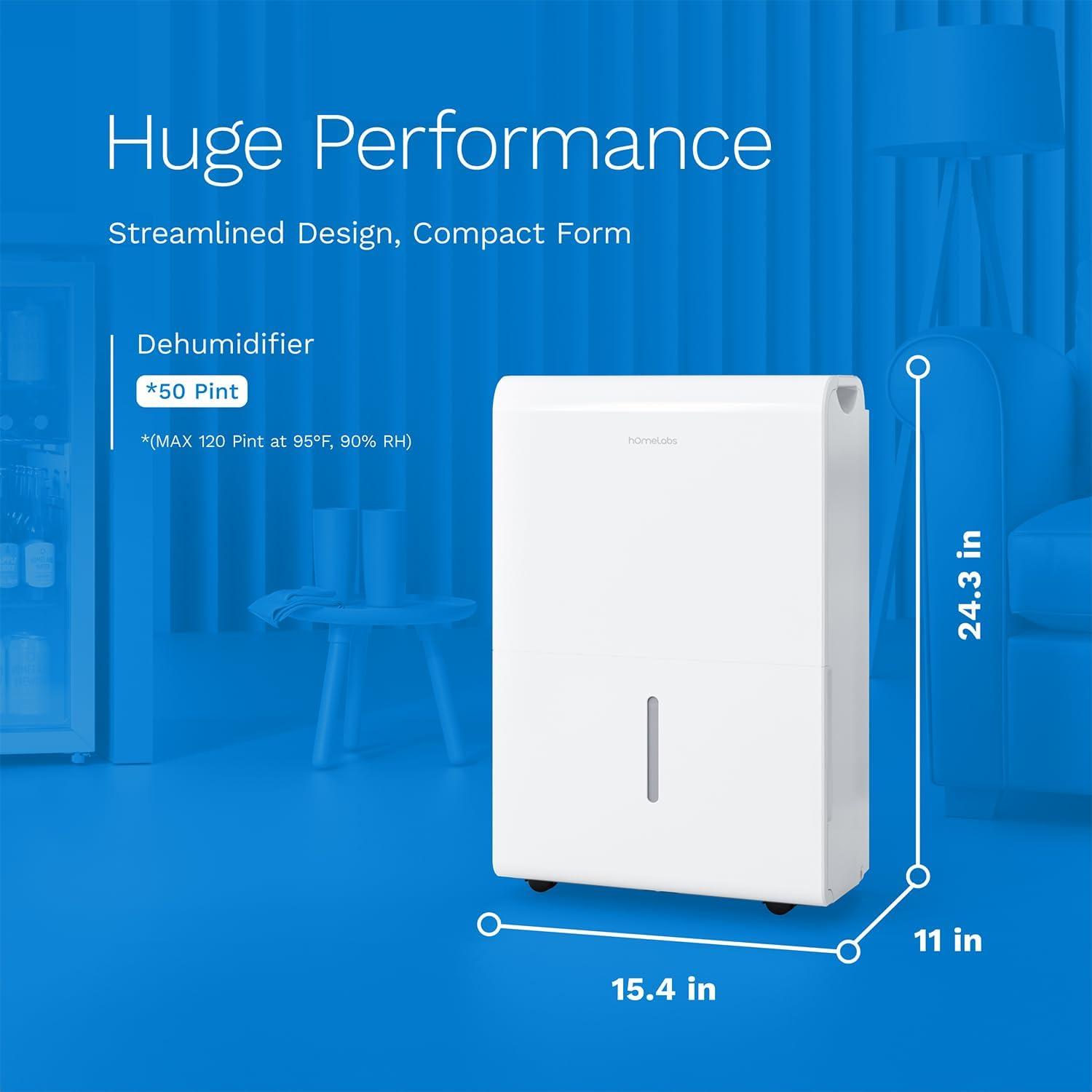 hOmeLabs hOmeLabs 50 Pint Wi-Fi Dehumidifier for up to 7,000 Sq Ft Rooms (MAX 120 Pint at 95°F, 90% RH) – Powerful Humidity Control for Large Rooms and Basements